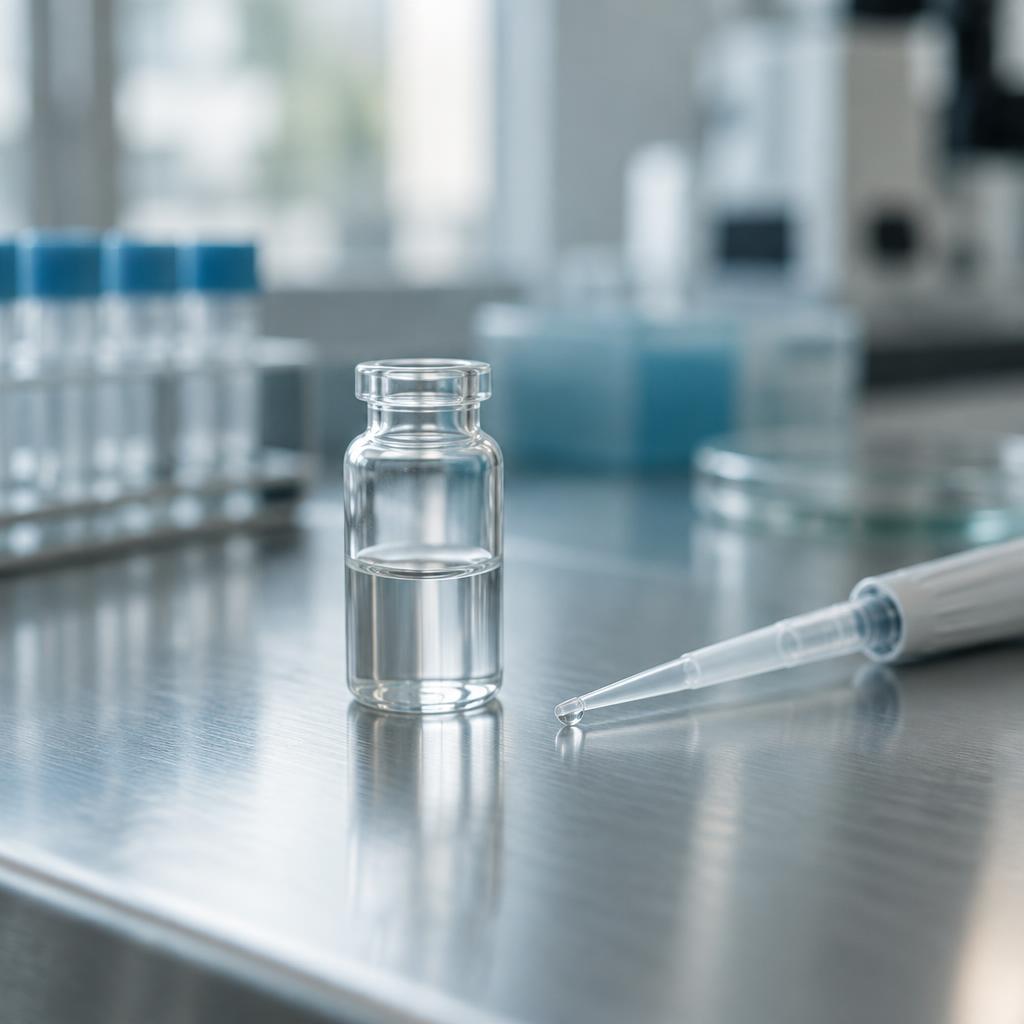 Laborarbeitsplatz mit Glasfläschchen und Pipette